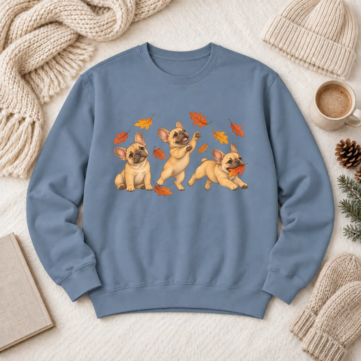 Sweatshirt Blue Jean / M Custom Frenchie Fall Chasing Leaves Unisex Sweatshirt