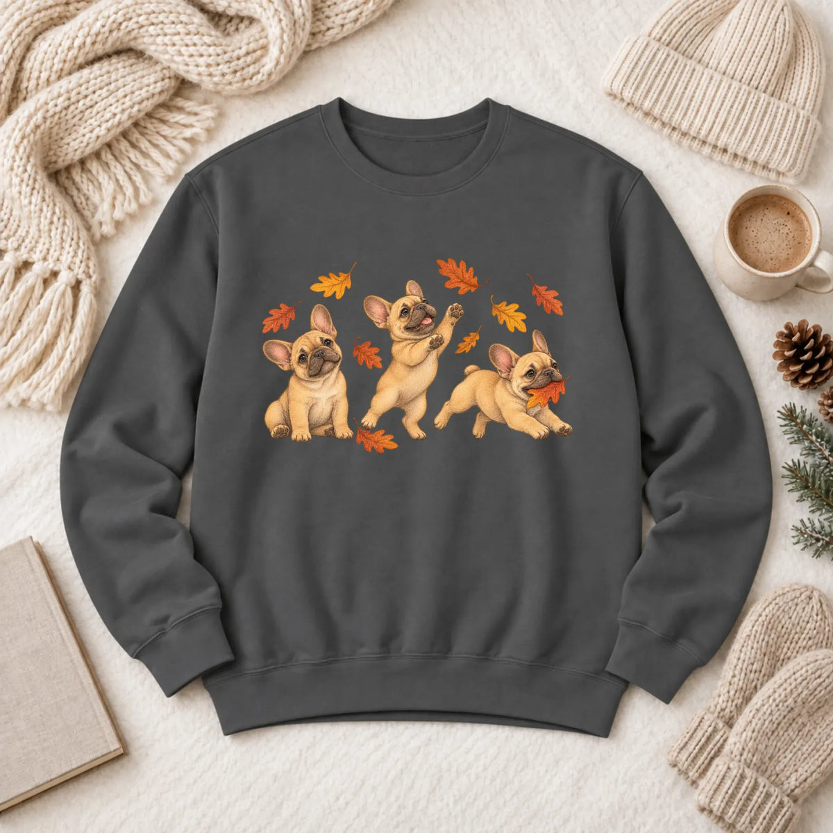 Sweatshirt Pepper / S Custom Frenchie Fall Chasing Leaves Unisex Sweatshirt