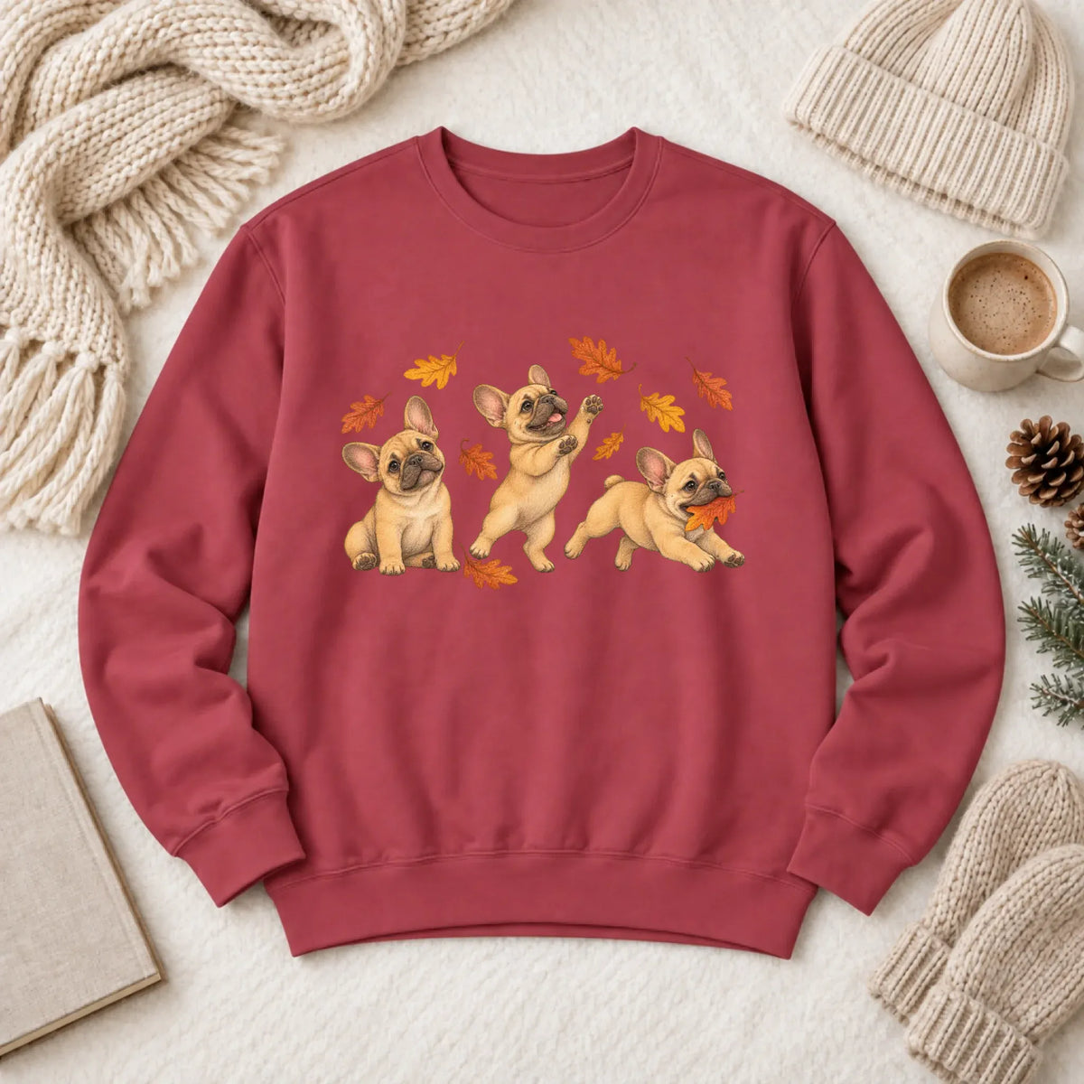 Sweatshirt Crimson / S Custom Frenchie Fall Chasing Leaves Unisex Sweatshirt