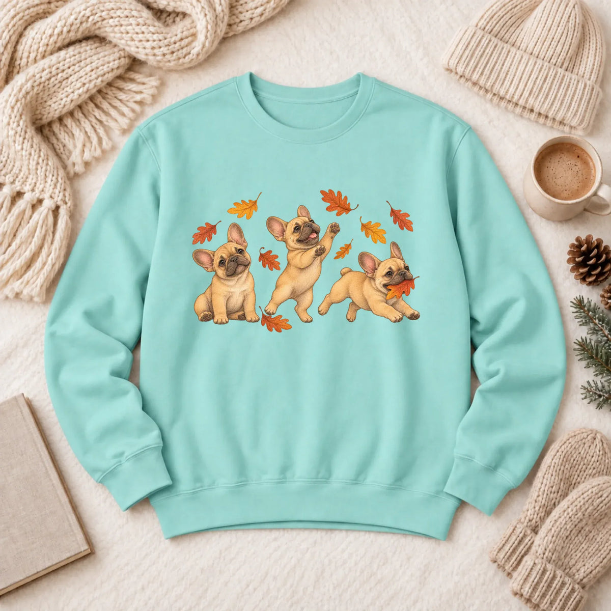 Sweatshirt Chalky Mint / S Custom Frenchie Fall Chasing Leaves Unisex Sweatshirt