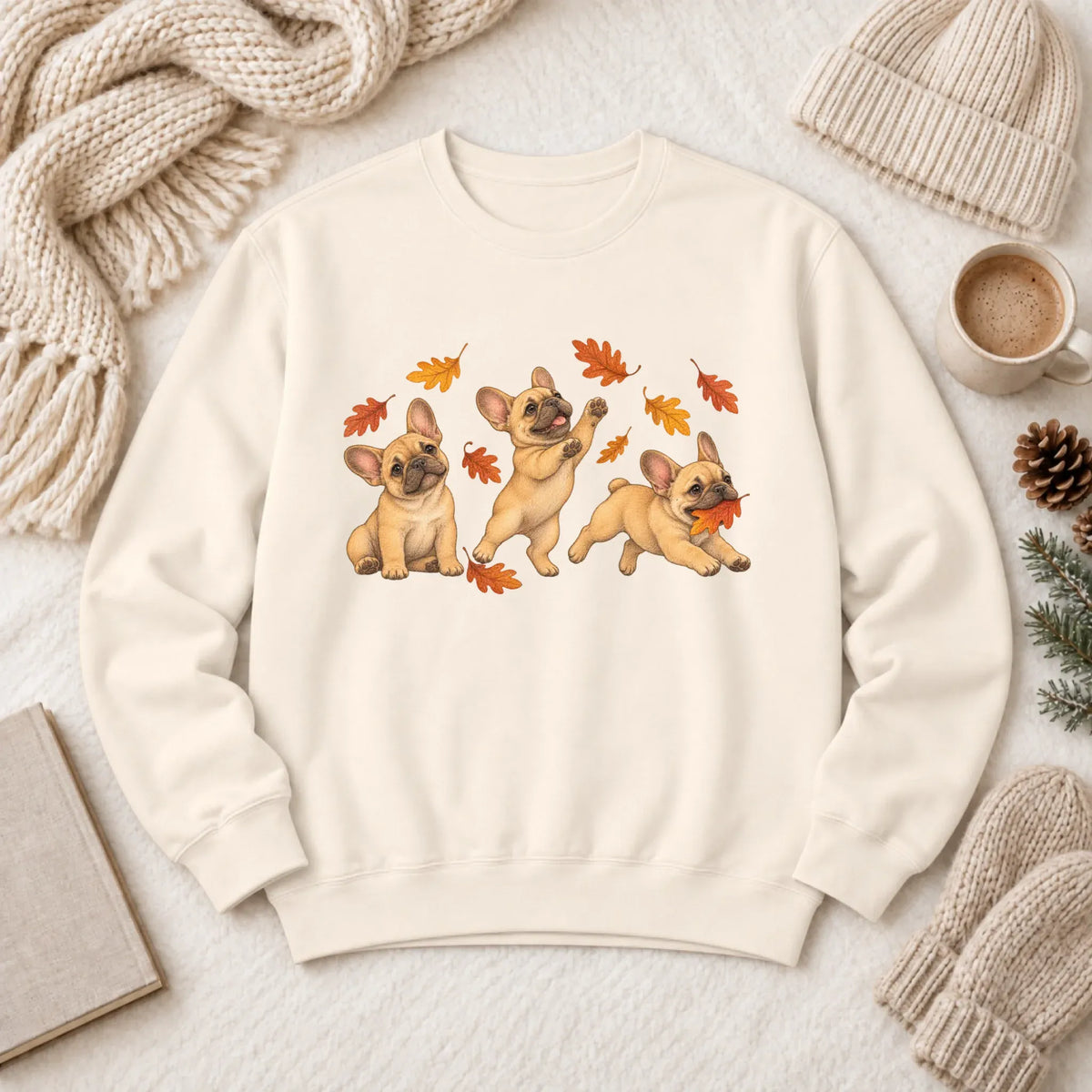Sweatshirt Ivory / S Custom Frenchie Fall Chasing Leaves Unisex Sweatshirt