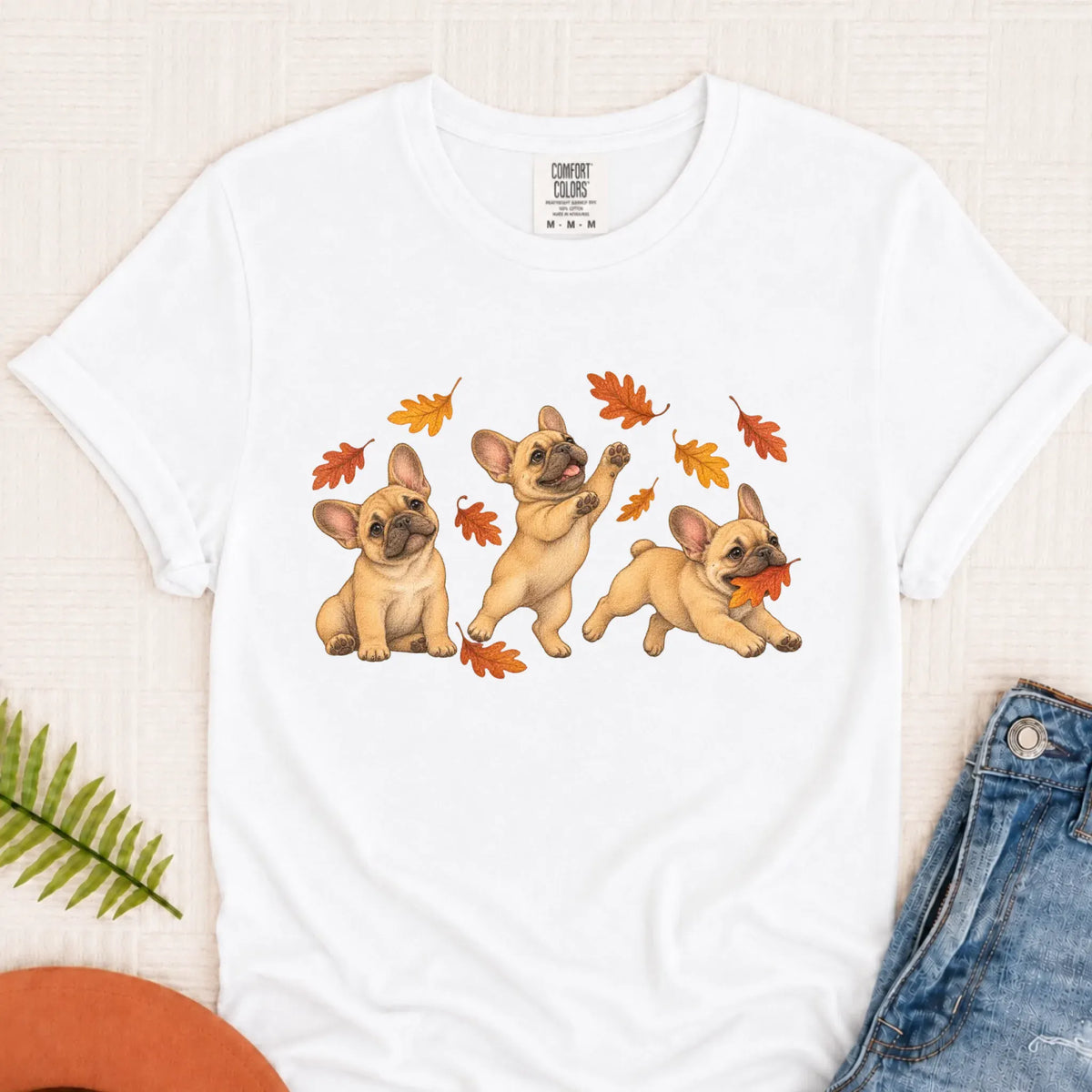 T-Shirt White / S Custom Frenchie Fall Chasing Leaves Unisex TShirt