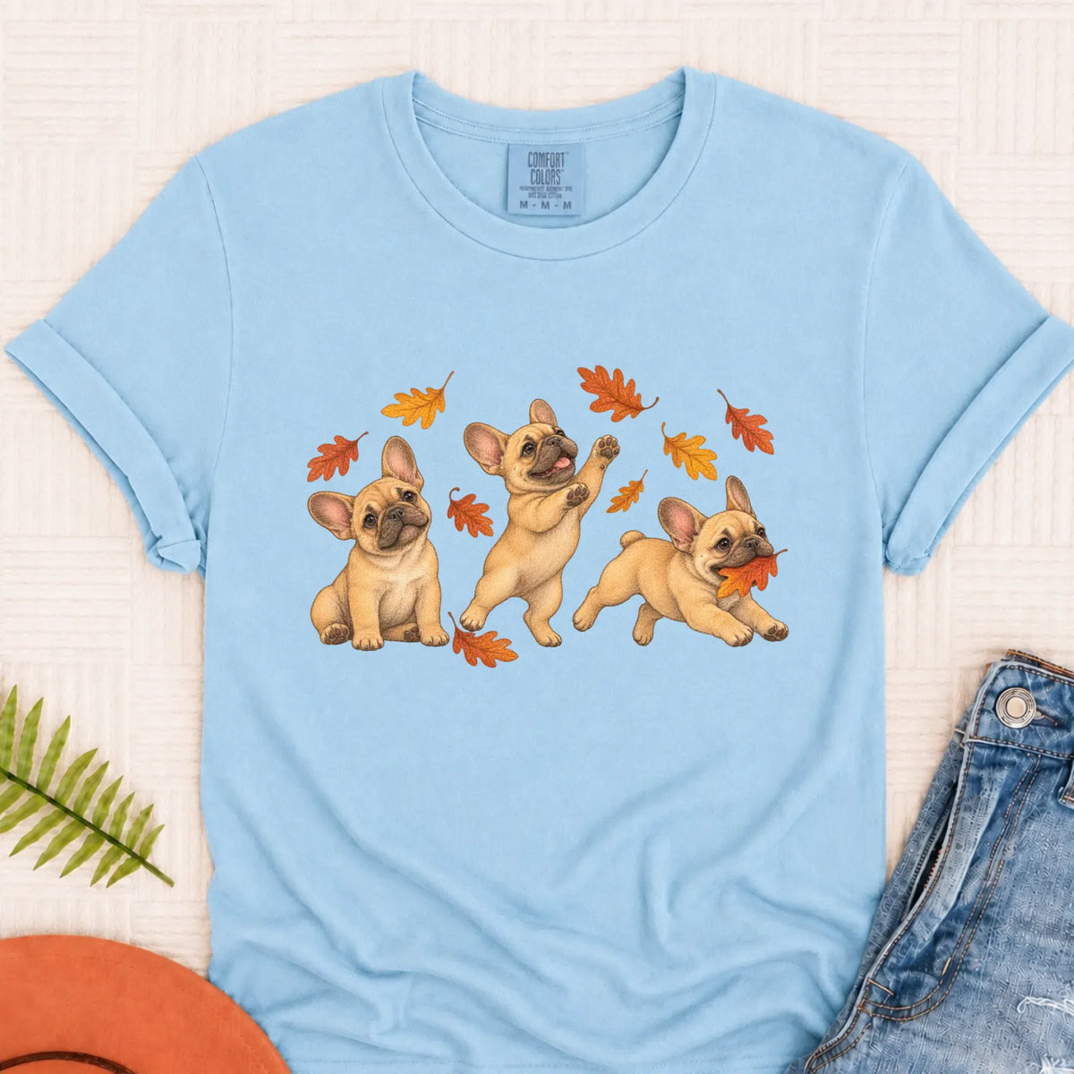 T-Shirt Chambray / S Custom Frenchie Fall Chasing Leaves Unisex TShirt