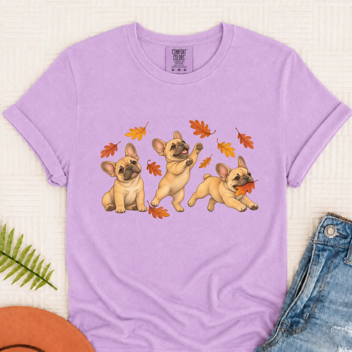 T-Shirt Orchid / S Custom Frenchie Fall Chasing Leaves Unisex TShirt