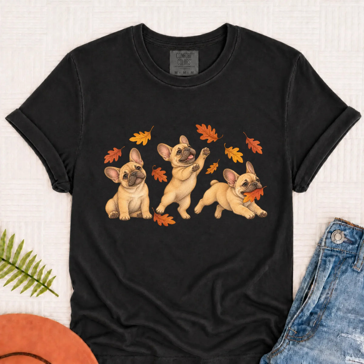 T-Shirt Graphite / S Custom Frenchie Fall Chasing Leaves Unisex TShirt