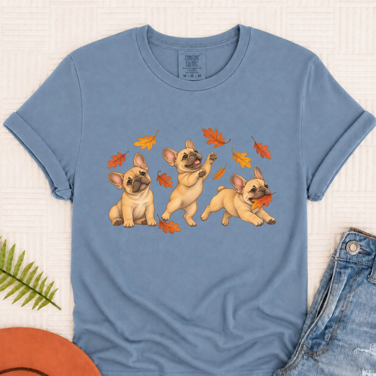 T-Shirt Blue Jean / S Custom Frenchie Fall Chasing Leaves Unisex TShirt