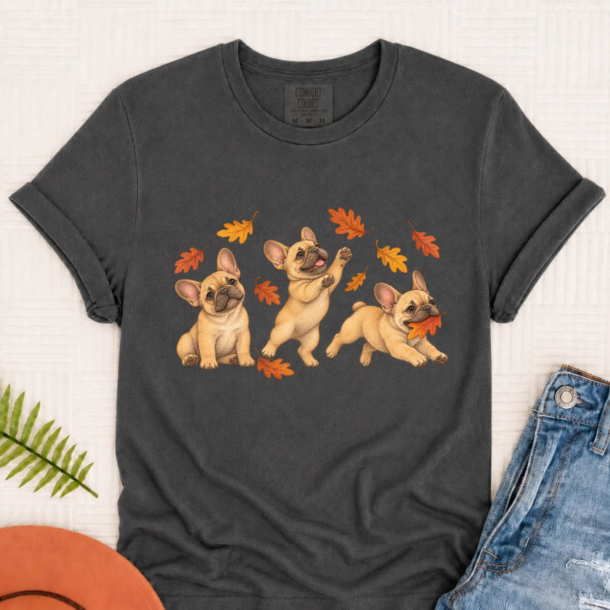 T-Shirt Pepper / S Custom Frenchie Fall Chasing Leaves Unisex TShirt