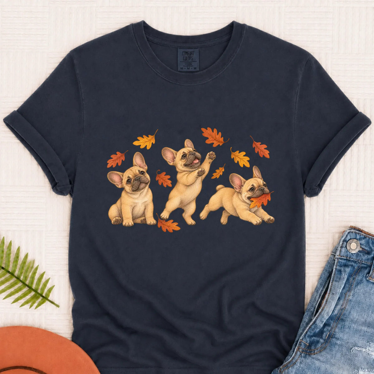 T-Shirt Navy / S Custom Frenchie Fall Chasing Leaves Unisex TShirt