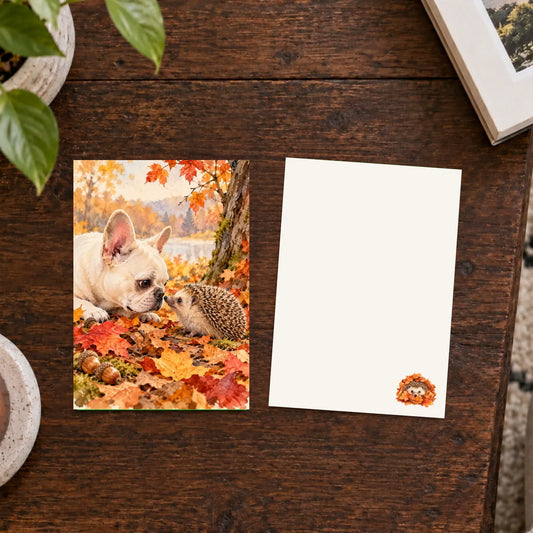 Custom Frenchie Fall Friends Hedgehog Art Print Postcard