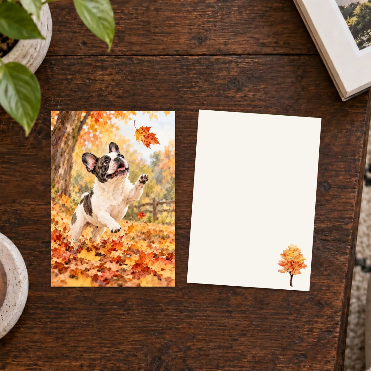 Custom Frenchie Fall Leaves Postcard Artwork