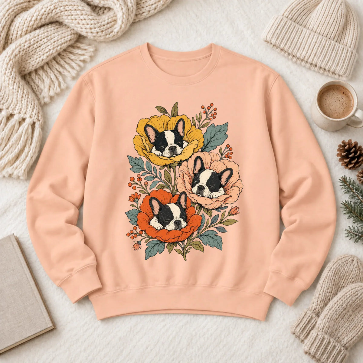 Sweatshirt Peachy / S Custom Frenchie Fall Sleeping Flowers Unisex Sweatshirt