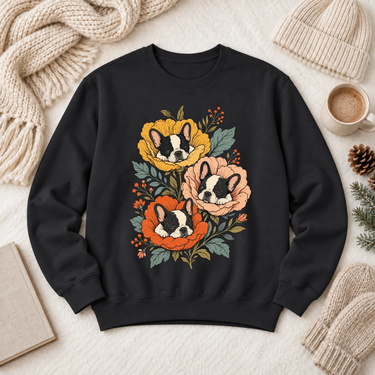 Sweatshirt Black / S Custom Frenchie Fall Sleeping Flowers Unisex Sweatshirt