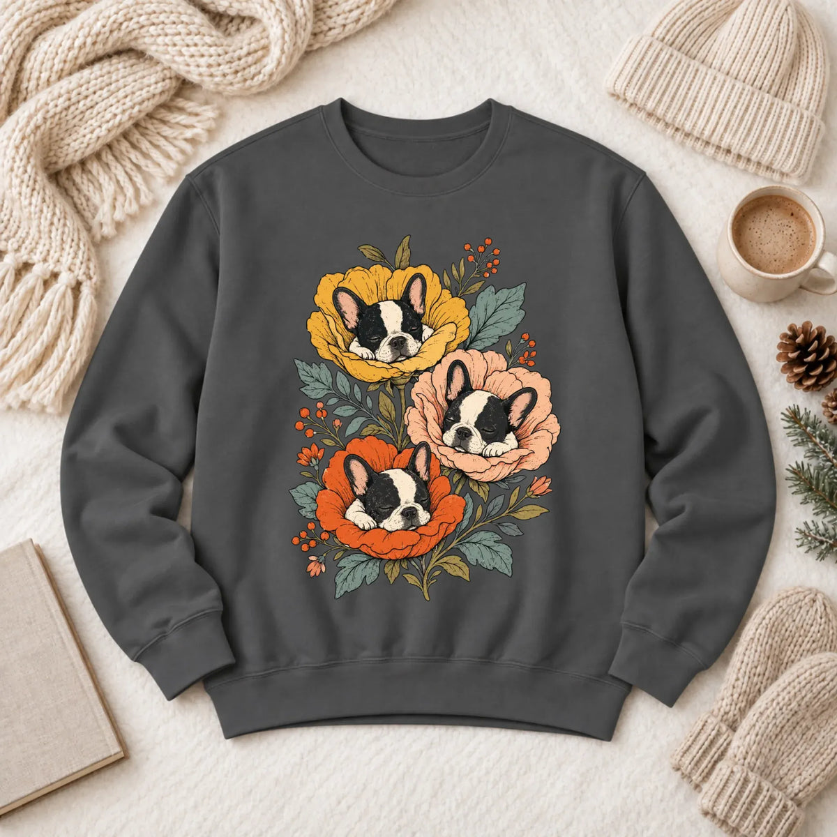 Sweatshirt Pepper / S Custom Frenchie Fall Sleeping Flowers Unisex Sweatshirt
