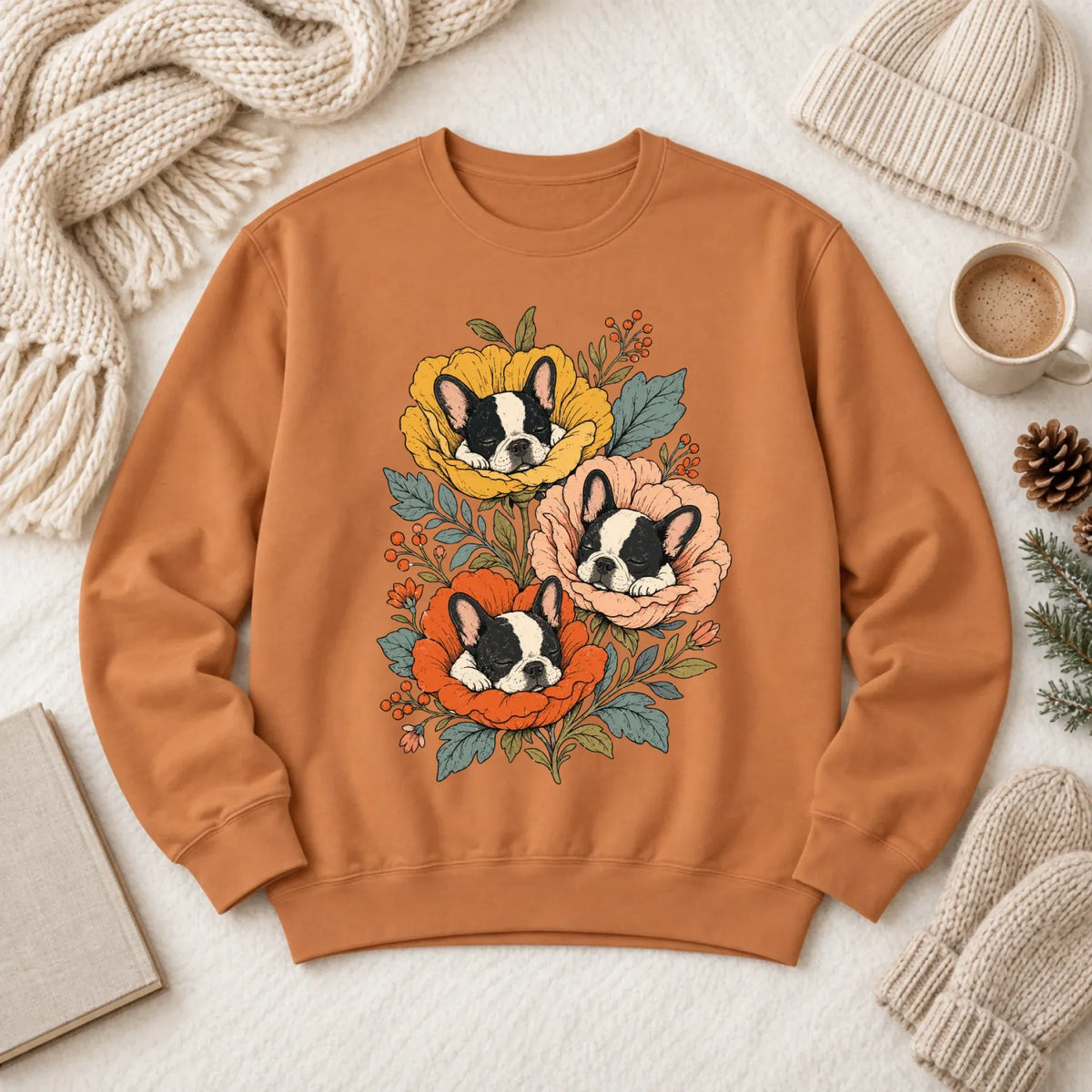 Sweatshirt Yam / S Custom Frenchie Fall Sleeping Flowers Unisex Sweatshirt