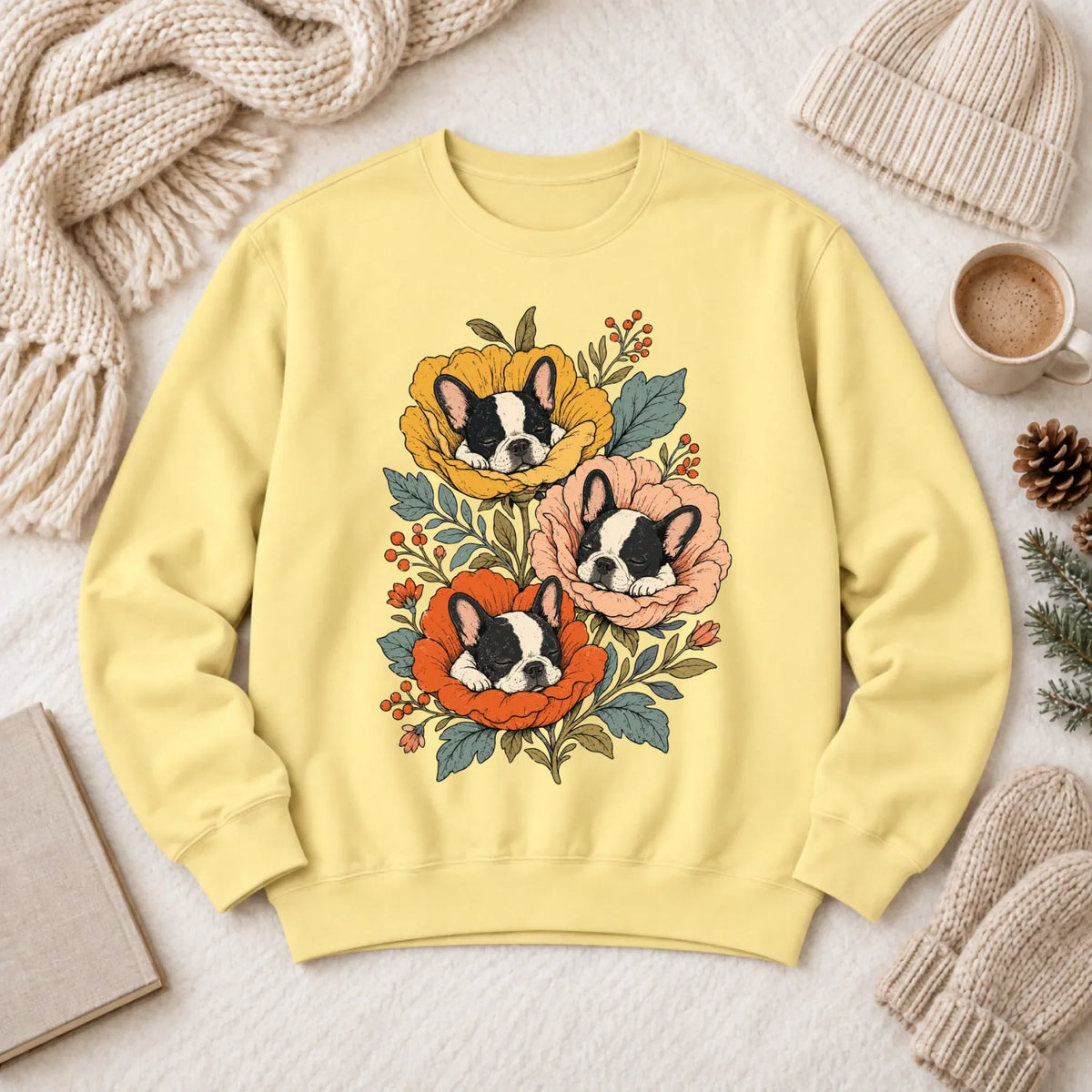Sweatshirt Butter / S Custom Frenchie Fall Sleeping Flowers Unisex Sweatshirt