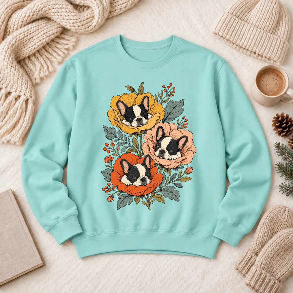Sweatshirt Chalky Mint / S Custom Frenchie Fall Sleeping Flowers Unisex Sweatshirt