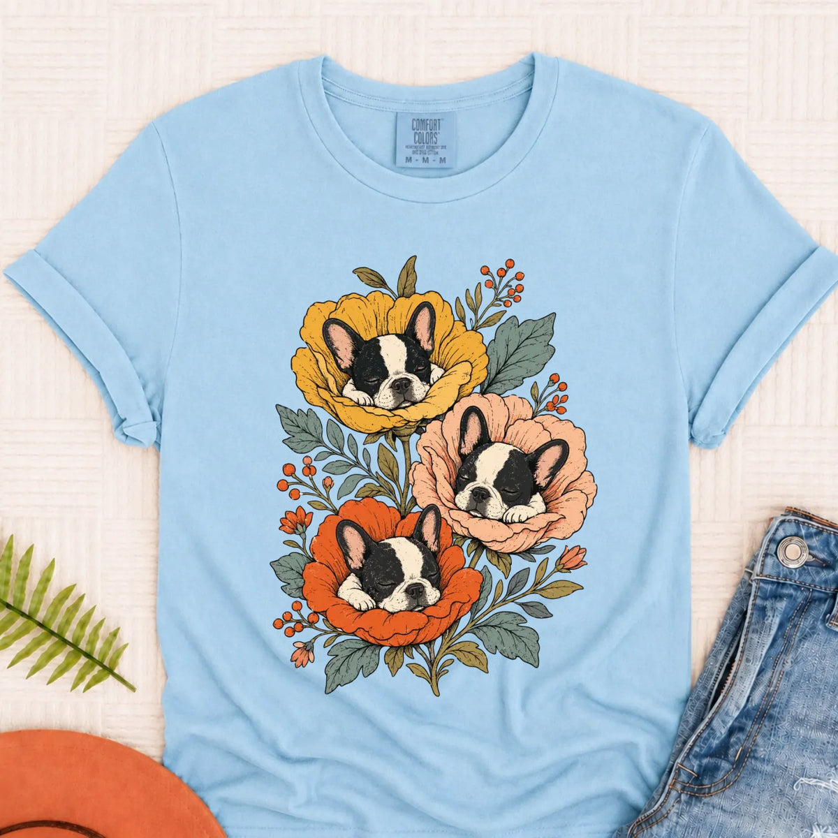T-Shirt Chambray / S Custom Frenchie Fall Sleeping Flowers Unisex TShirt