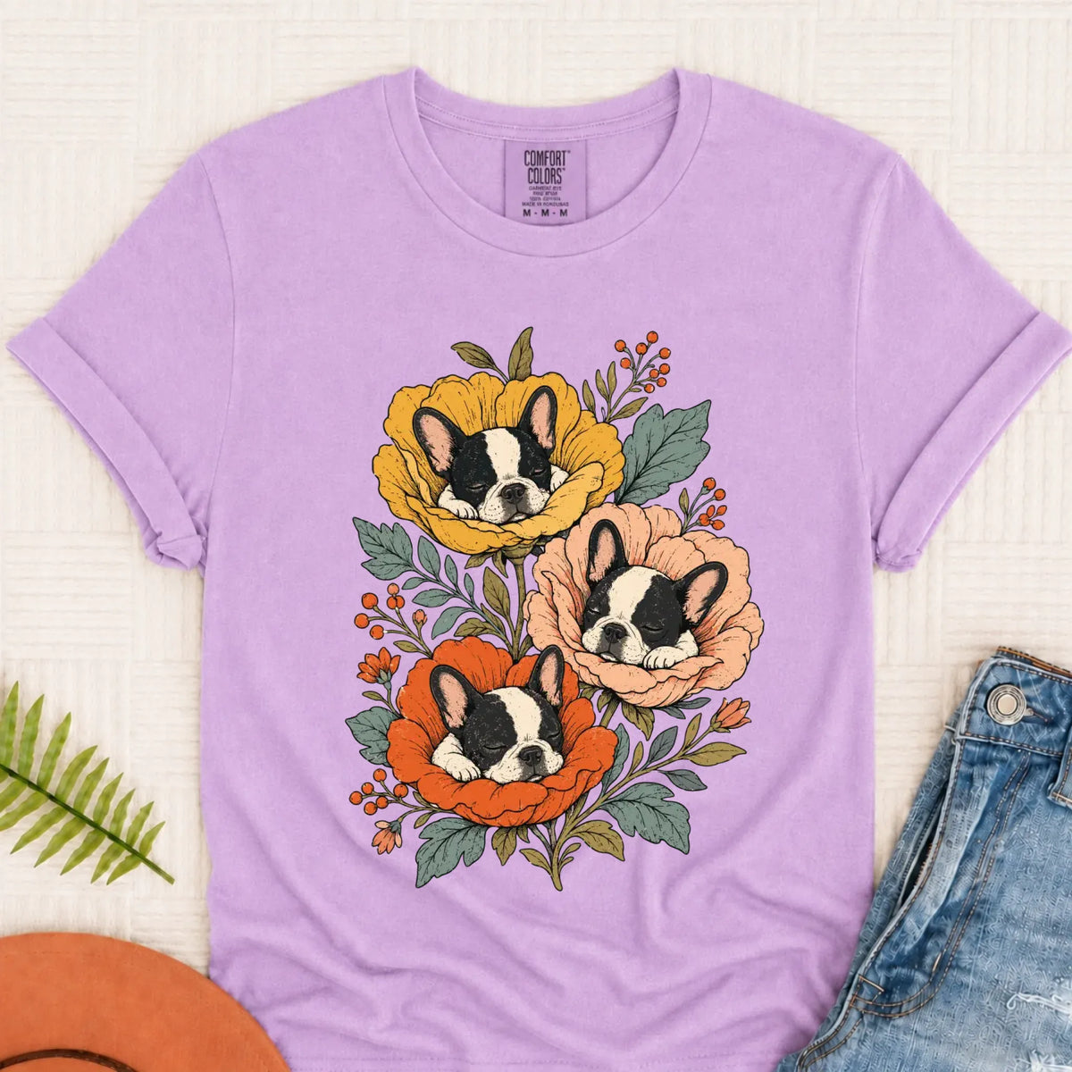 T-Shirt Orchid / S Custom Frenchie Fall Sleeping Flowers Unisex TShirt