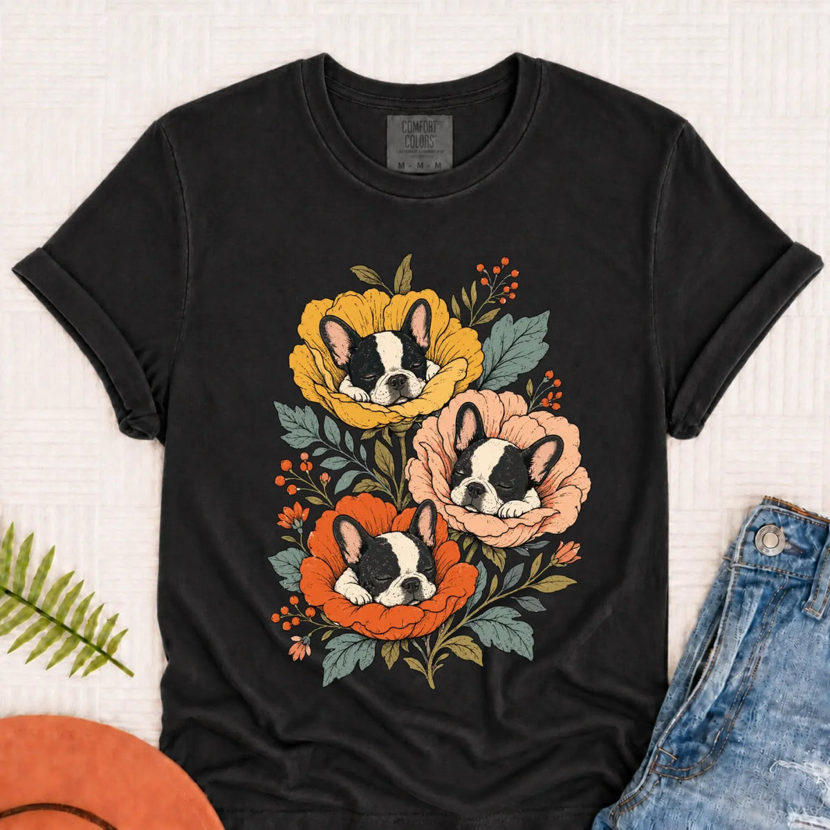 T-Shirt Graphite / S Custom Frenchie Fall Sleeping Flowers Unisex TShirt