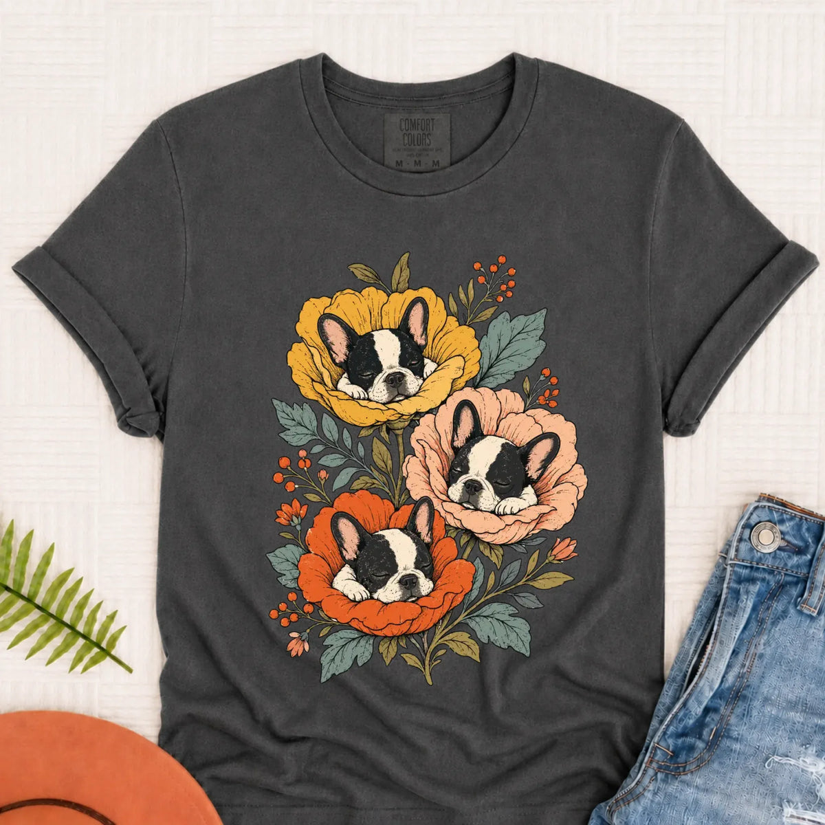 T-Shirt Pepper / S Custom Frenchie Fall Sleeping Flowers Unisex TShirt