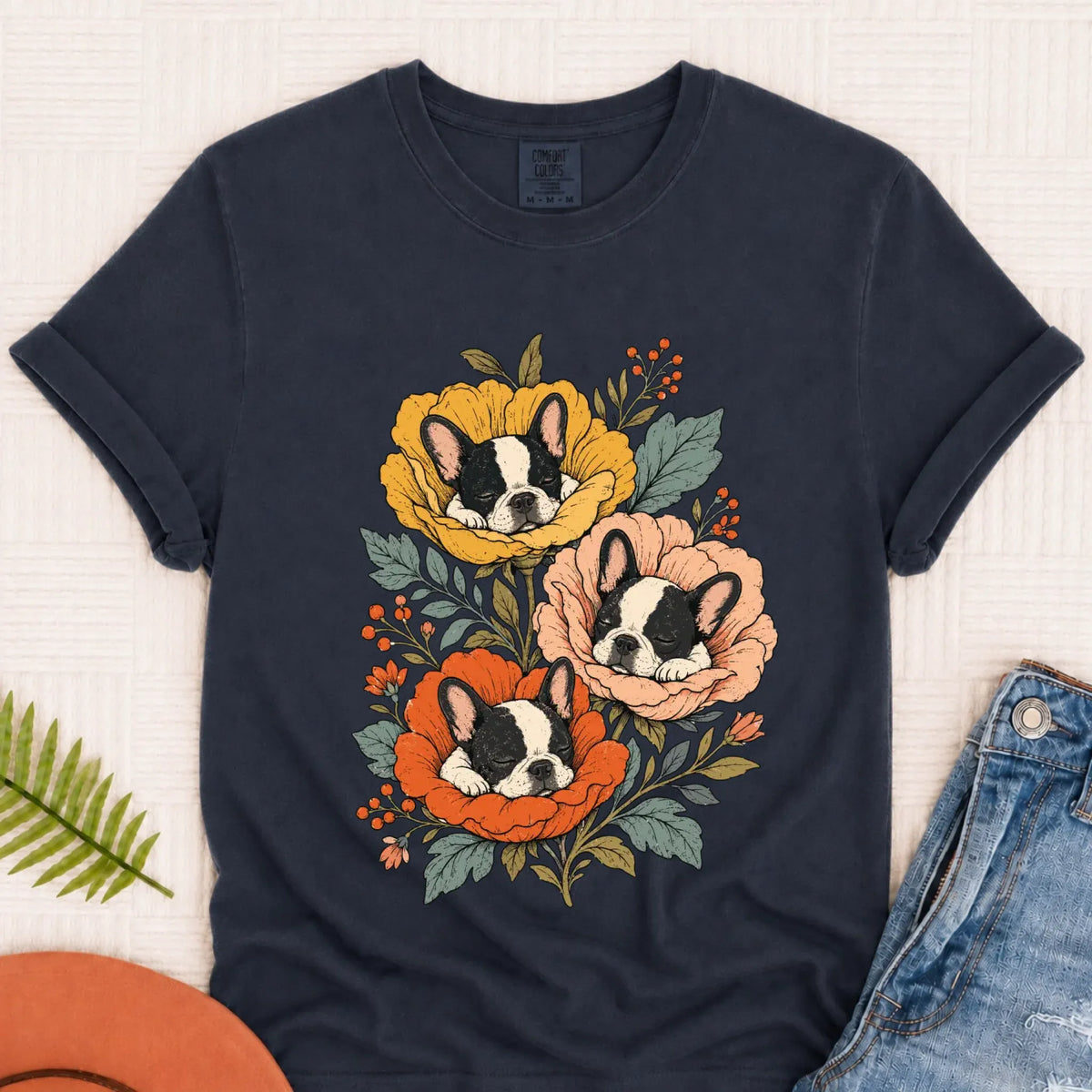 T-Shirt Navy / S Custom Frenchie Fall Sleeping Flowers Unisex TShirt