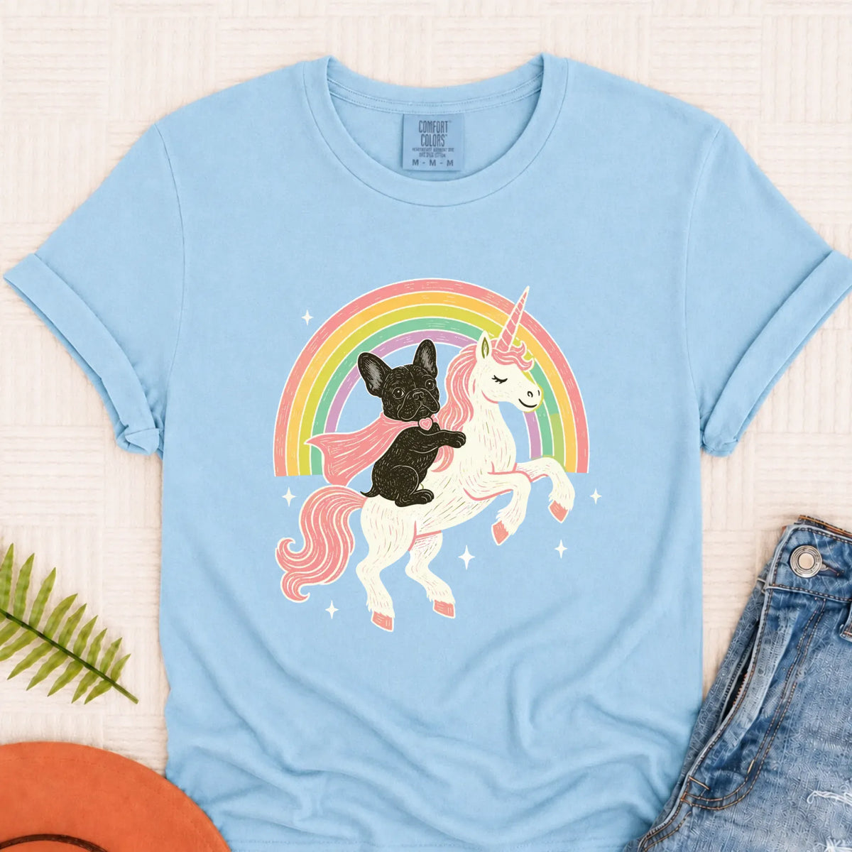 Custom Frenchie Fantasy Unicorn Unisex TShirt Chambray