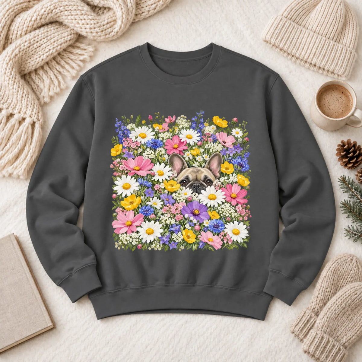 Customizer 1466 LW Sweatshirt Dark / Pepper / S Custom Frenchie Field of Flowers Unisex Sweatshirt
