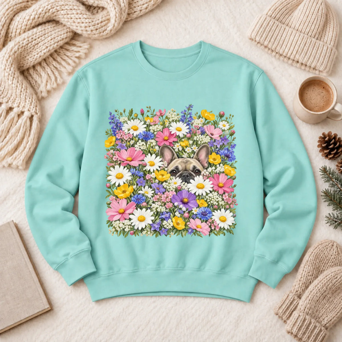 Customizer 1466 LW Sweatshirt Light / Chalky Mint / S Custom Frenchie Field of Flowers Unisex Sweatshirt