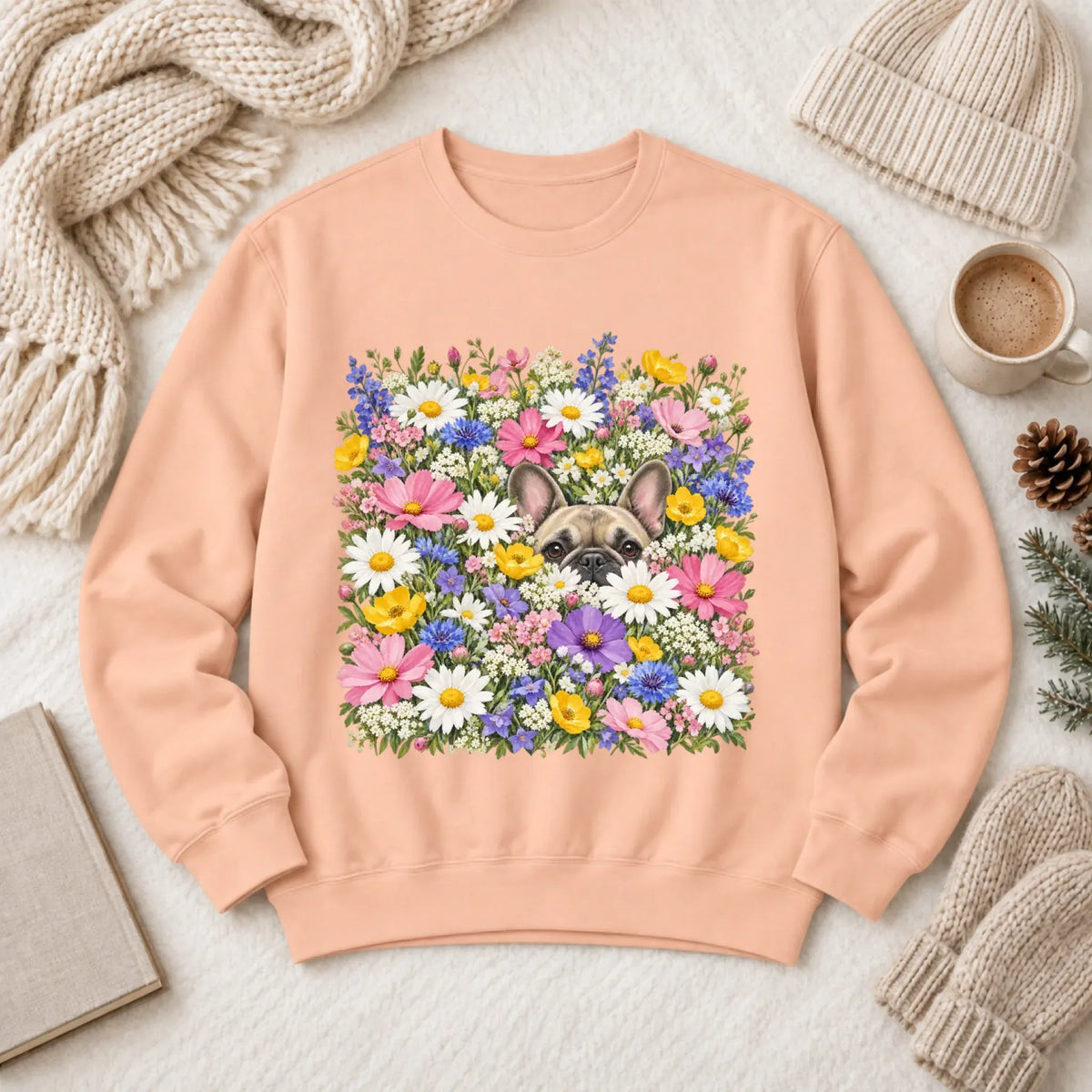 Customizer 1466 LW Sweatshirt Light / Peachy / S Custom Frenchie Field of Flowers Unisex Sweatshirt