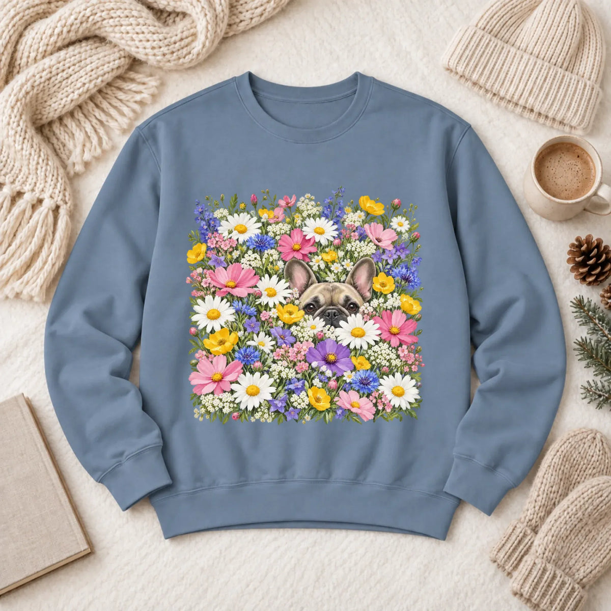 Customizer 1466 LW Sweatshirt Dark / Blue Jean / M Custom Frenchie Field of Flowers Unisex Sweatshirt