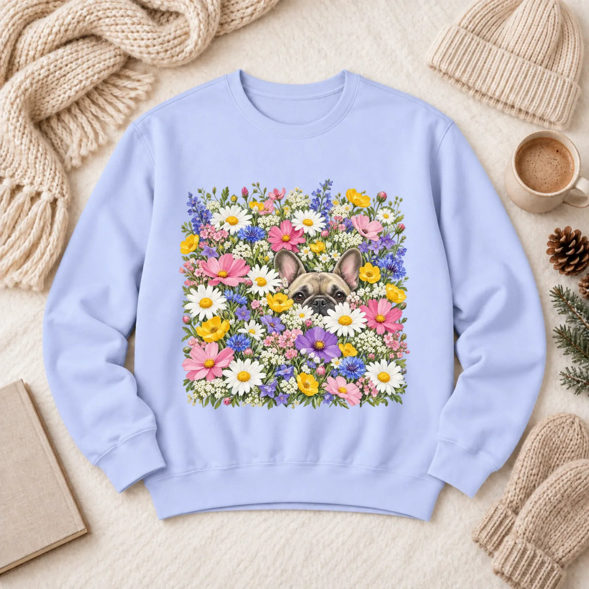 Customizer 1466 LW Sweatshirt Light / Hydrangea / S Custom Frenchie Field of Flowers Unisex Sweatshirt