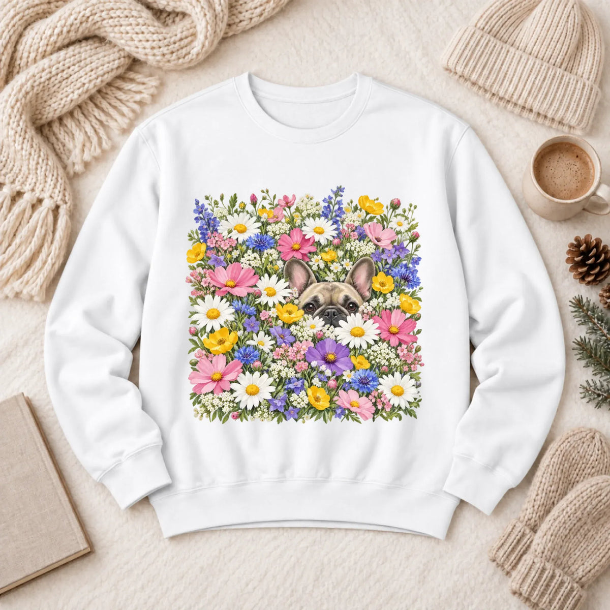 Customizer 1466 LW Sweatshirt Light / White / S Custom Frenchie Field of Flowers Unisex Sweatshirt