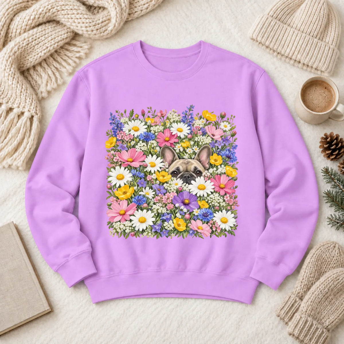 Customizer 1466 LW Sweatshirt Light / Neon Violet / S Custom Frenchie Field of Flowers Unisex Sweatshirt