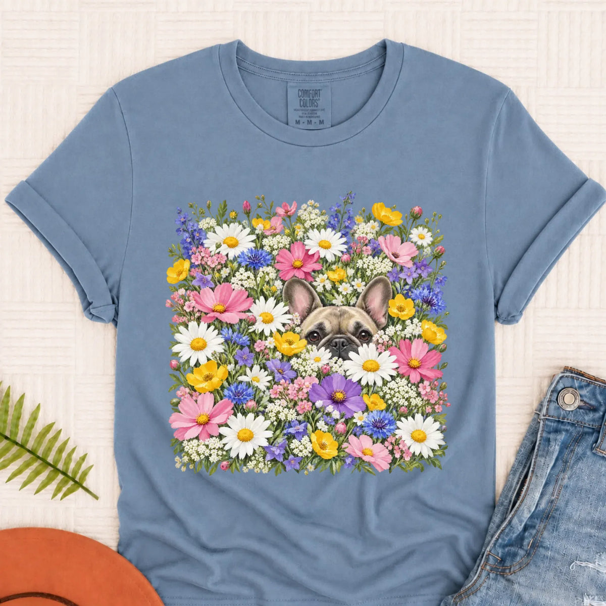 Customizer Monster Dark 1717 / Blue Jean / S Custom Frenchie Field of Flowers Unisex Tshirt