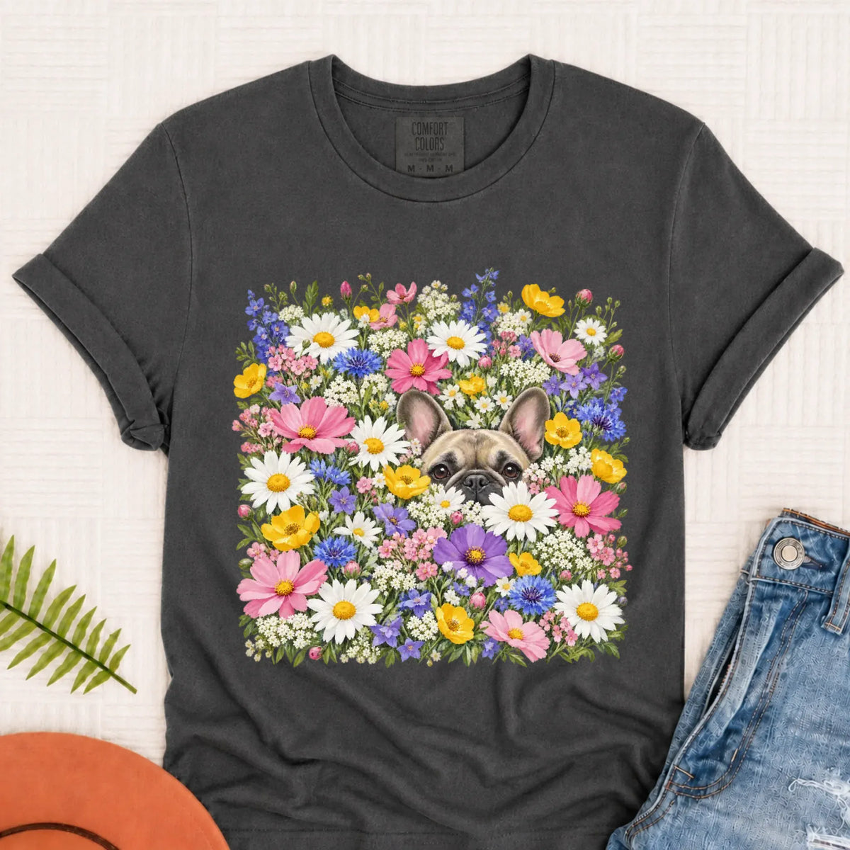 Customizer Monster Dark 1717 / Pepper / S Custom Frenchie Field of Flowers Unisex Tshirt