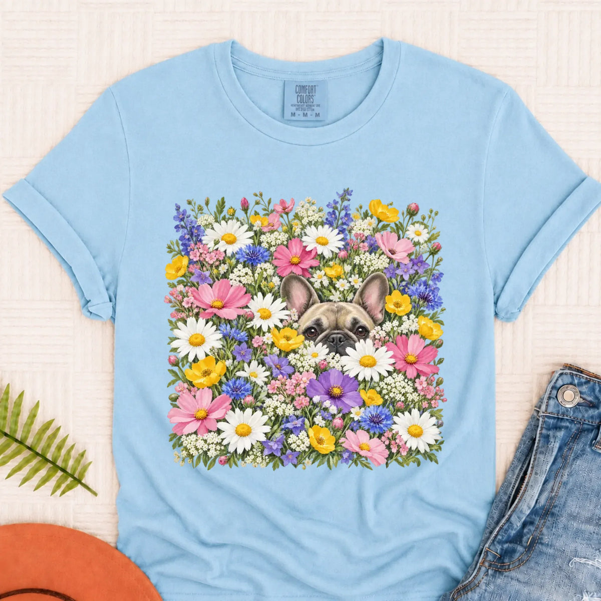Customizer Monster Light 1717 / Chambray / S Custom Frenchie Field of Flowers Unisex Tshirt