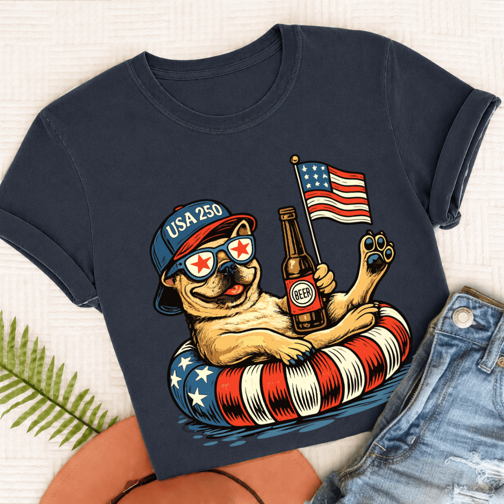 Custom Frenchie Floating 4th July Unisex TShirt True Navy