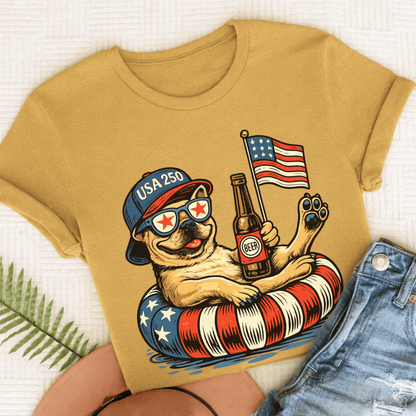 Custom Frenchie Floating 4th July Unisex TShirt Mustard