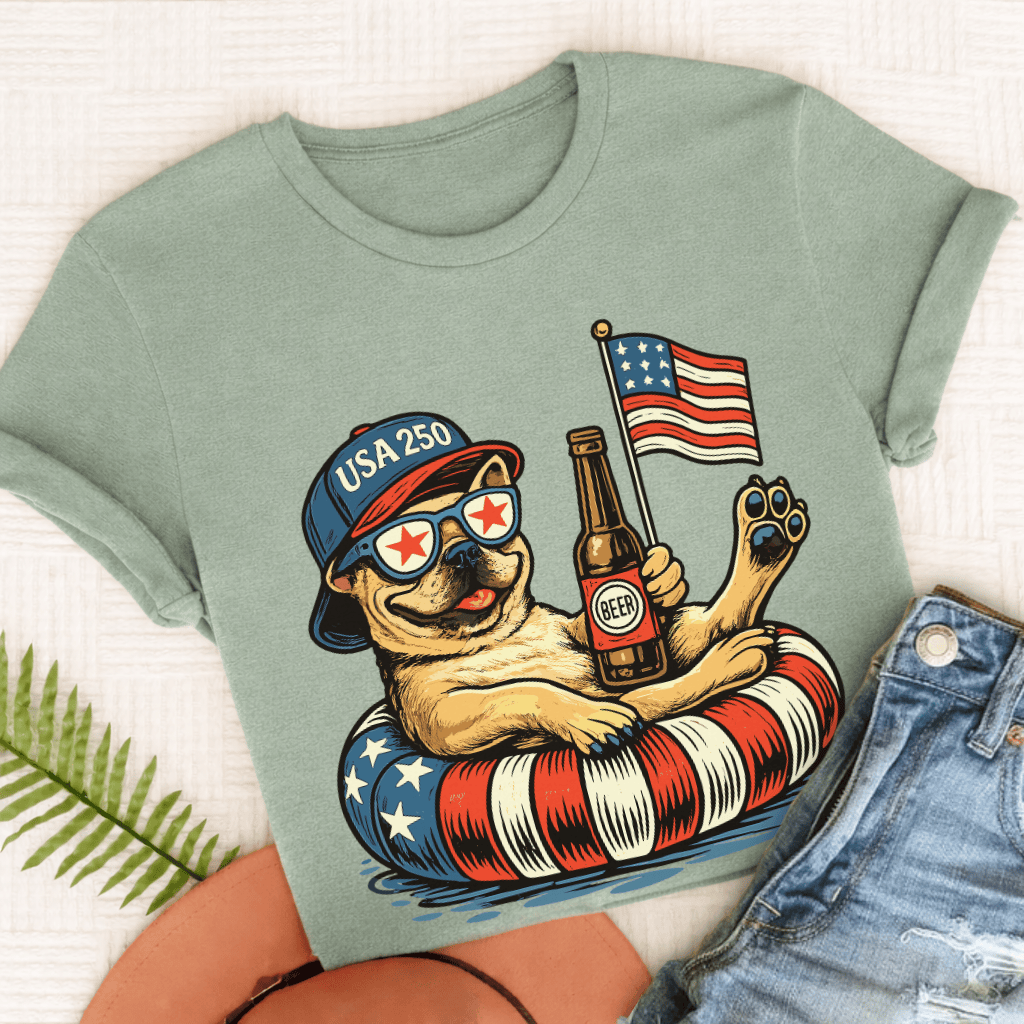 Custom Frenchie Floating 4th July Unisex TShirt Bay
