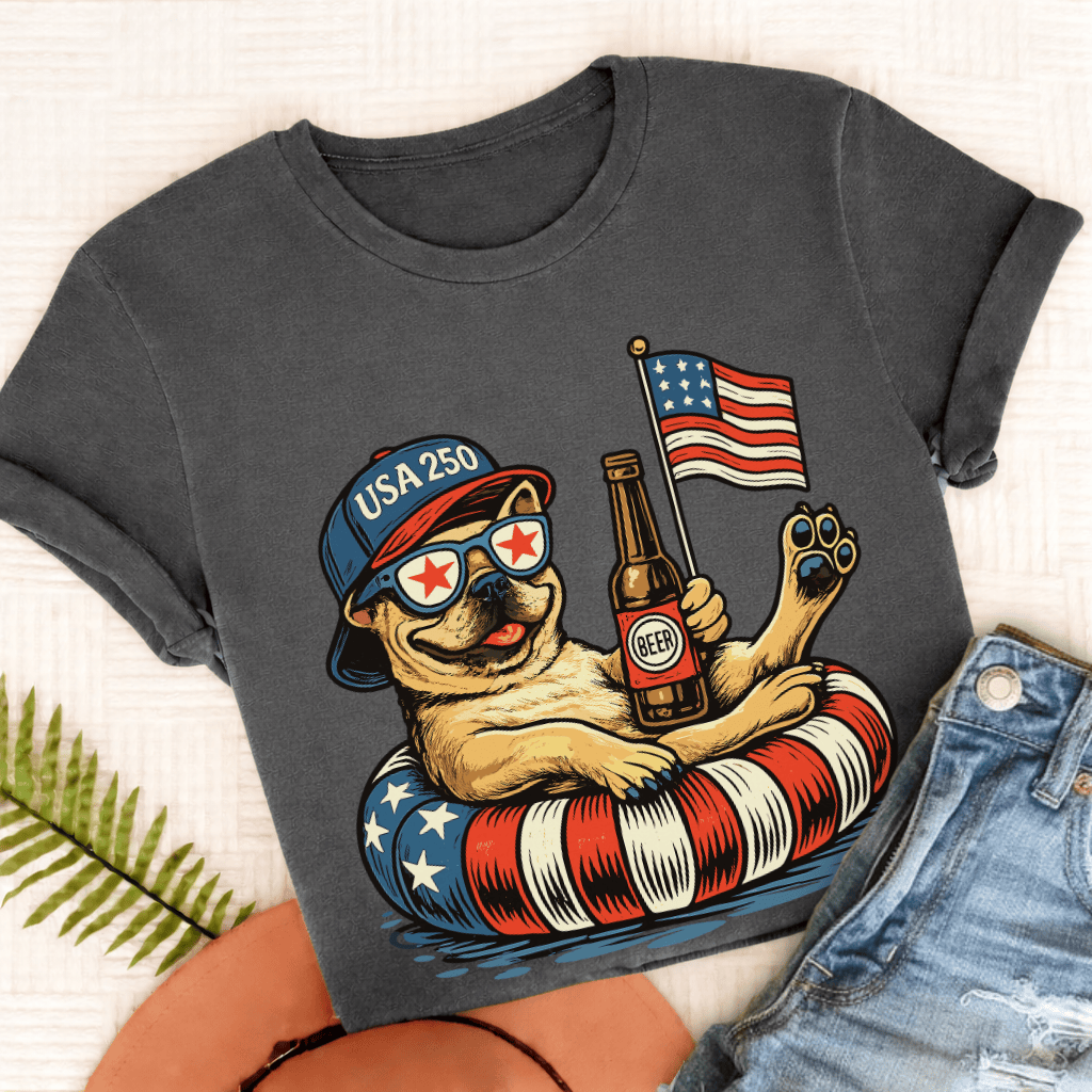 Custom Frenchie Floating 4th July Unisex TShirt Pepper