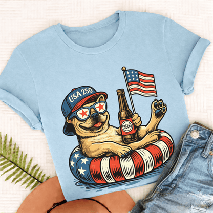 Custom Frenchie Floating 4th July Unisex TShirt Chambray
