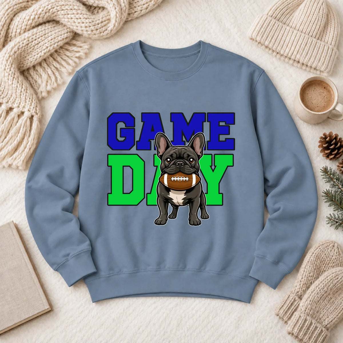 Custom Frenchie Football Game Day Unisex Sweatshirt Blue Jean
