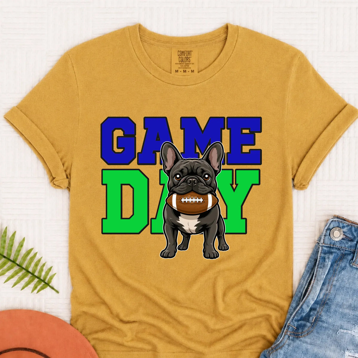 Custom Frenchie Football Game Day Unisex Tshirt Mustard
