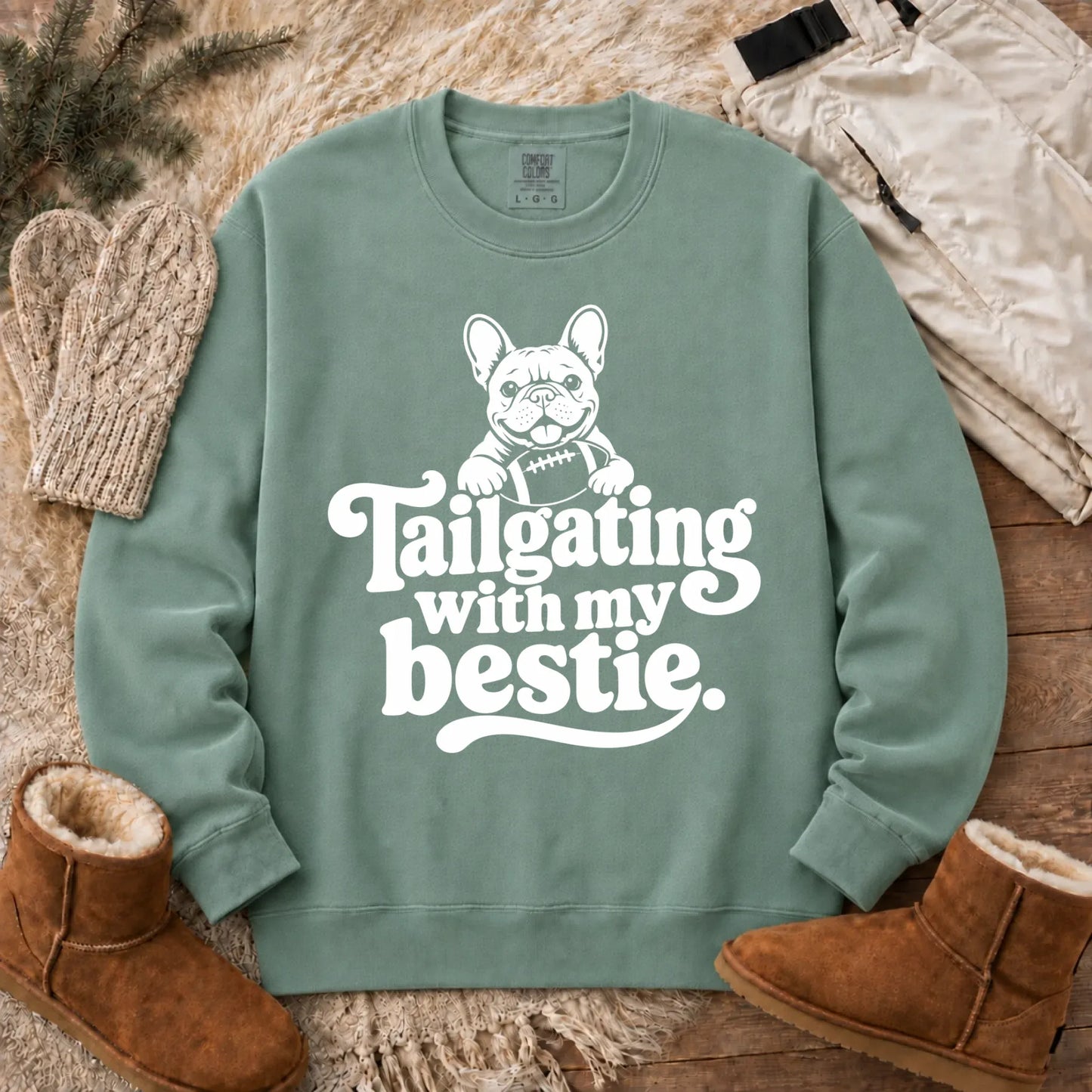 Custom Frenchie Football Tailgating Unisex Sweatshirt Light Green