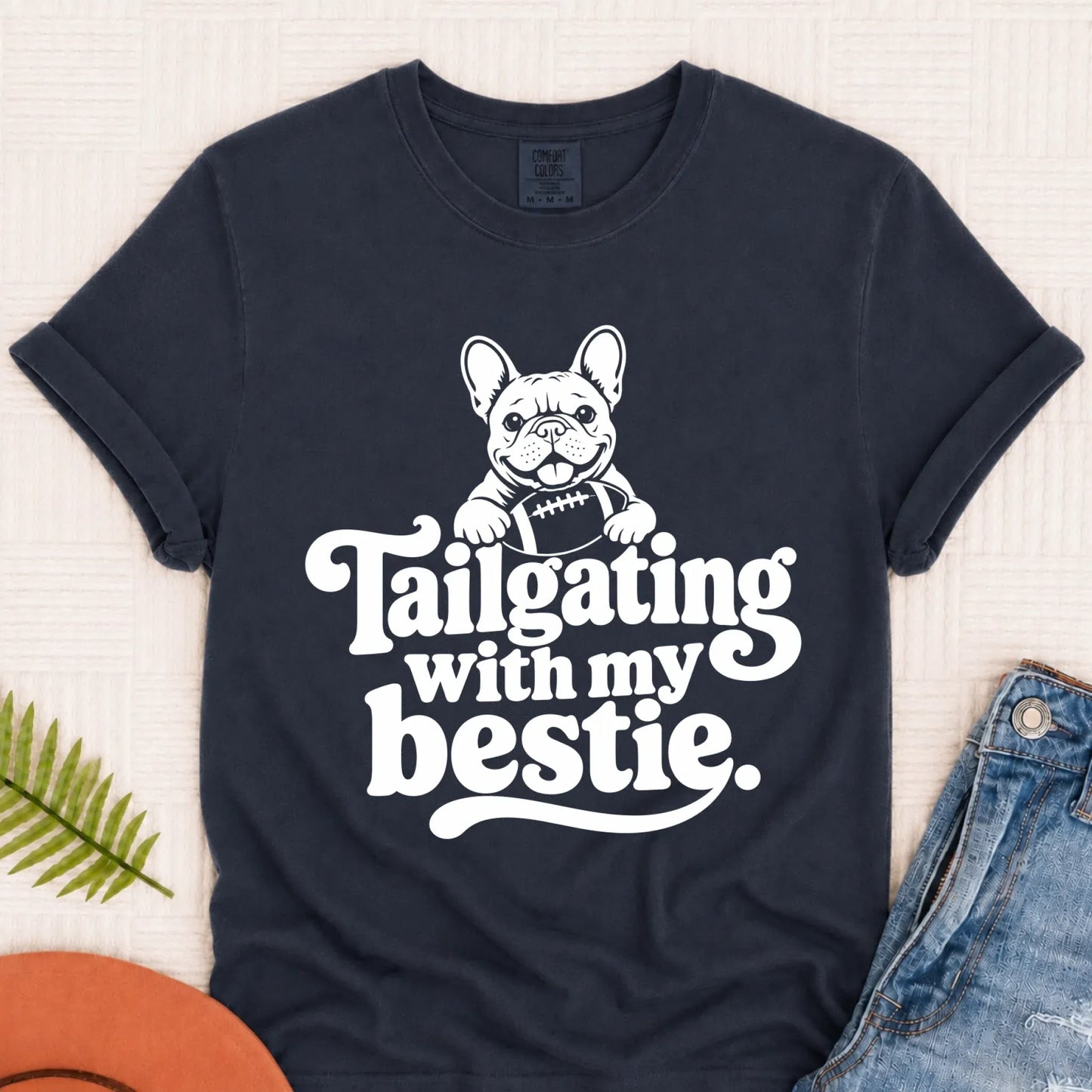 Custom Frenchie Football Tailgating Unisex TShirt Navy