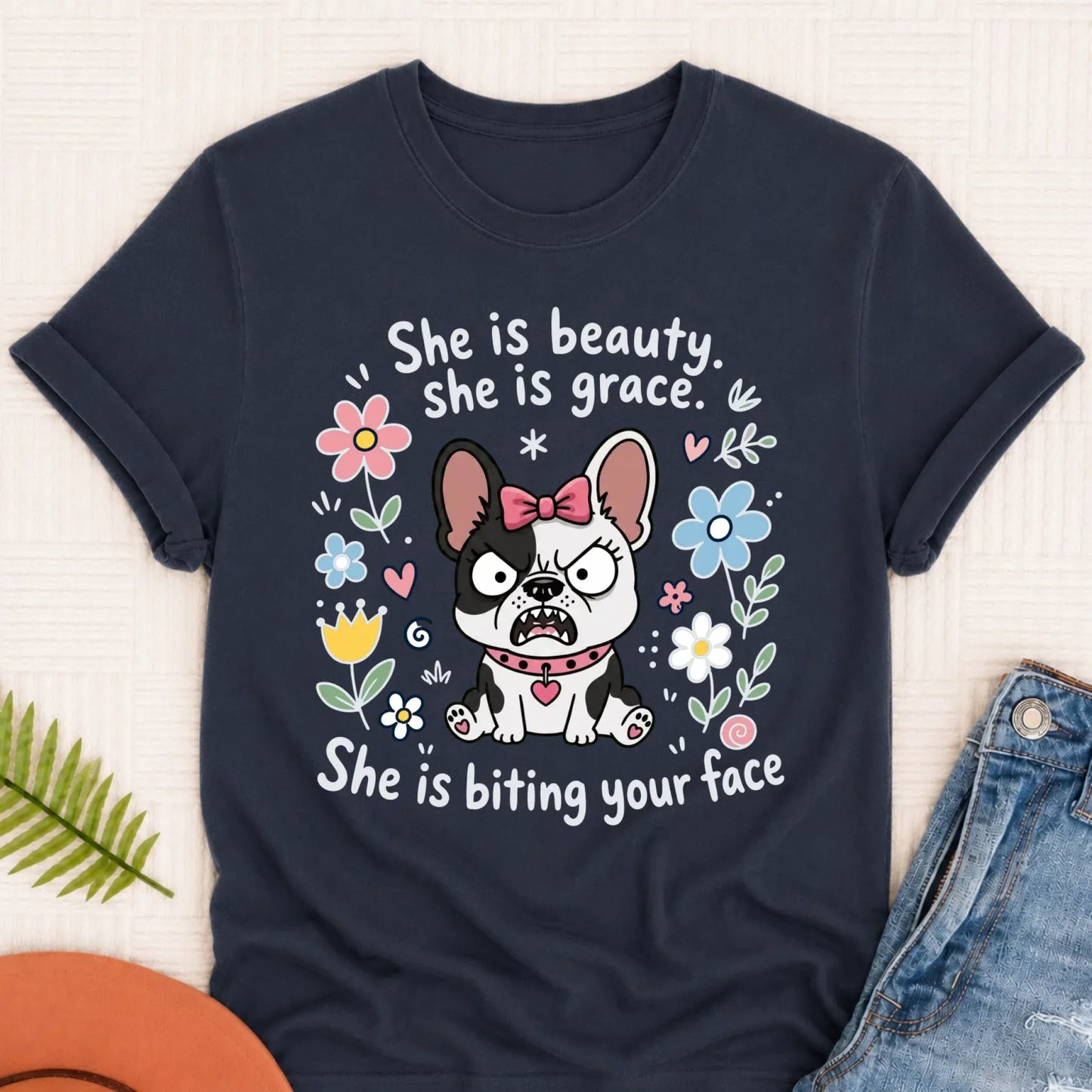 Custom Frenchie Funny Biting Your Face Unisex TShirt Navy