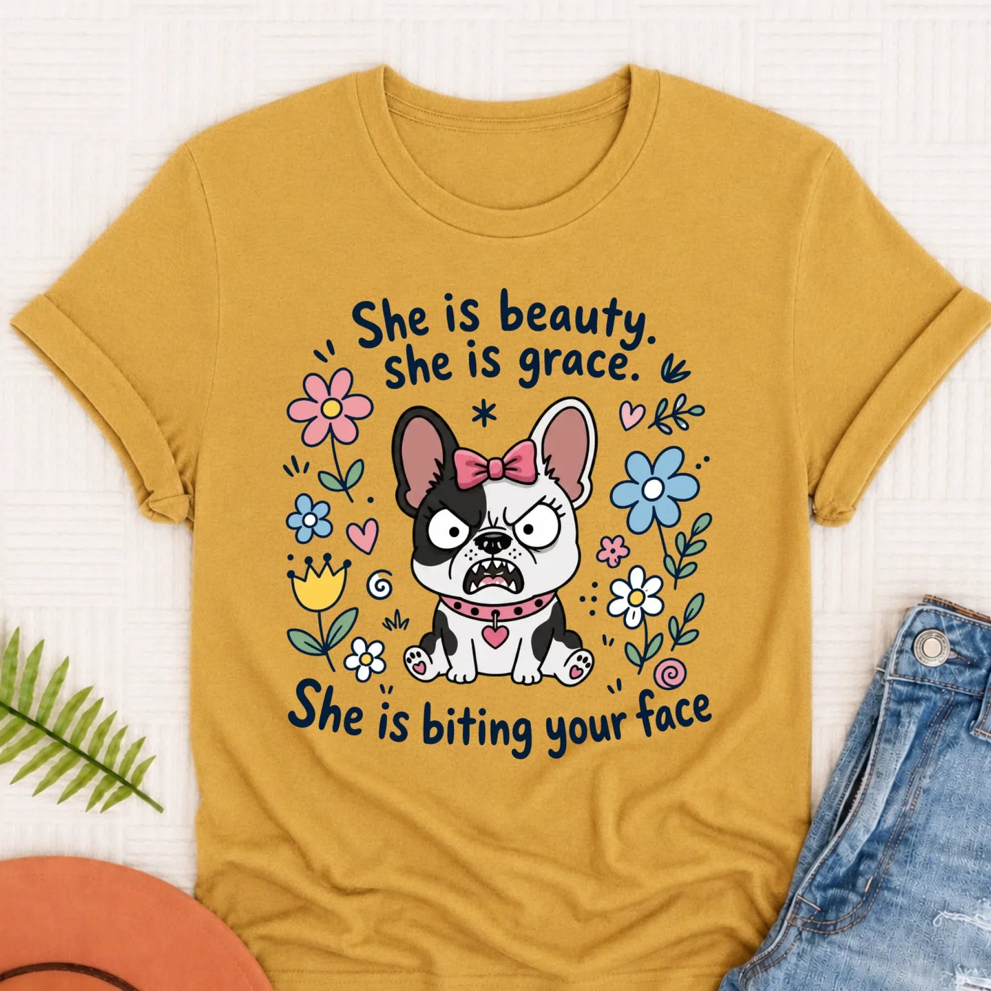 Custom Frenchie Funny Biting Your Face Unisex TShirt Mustard