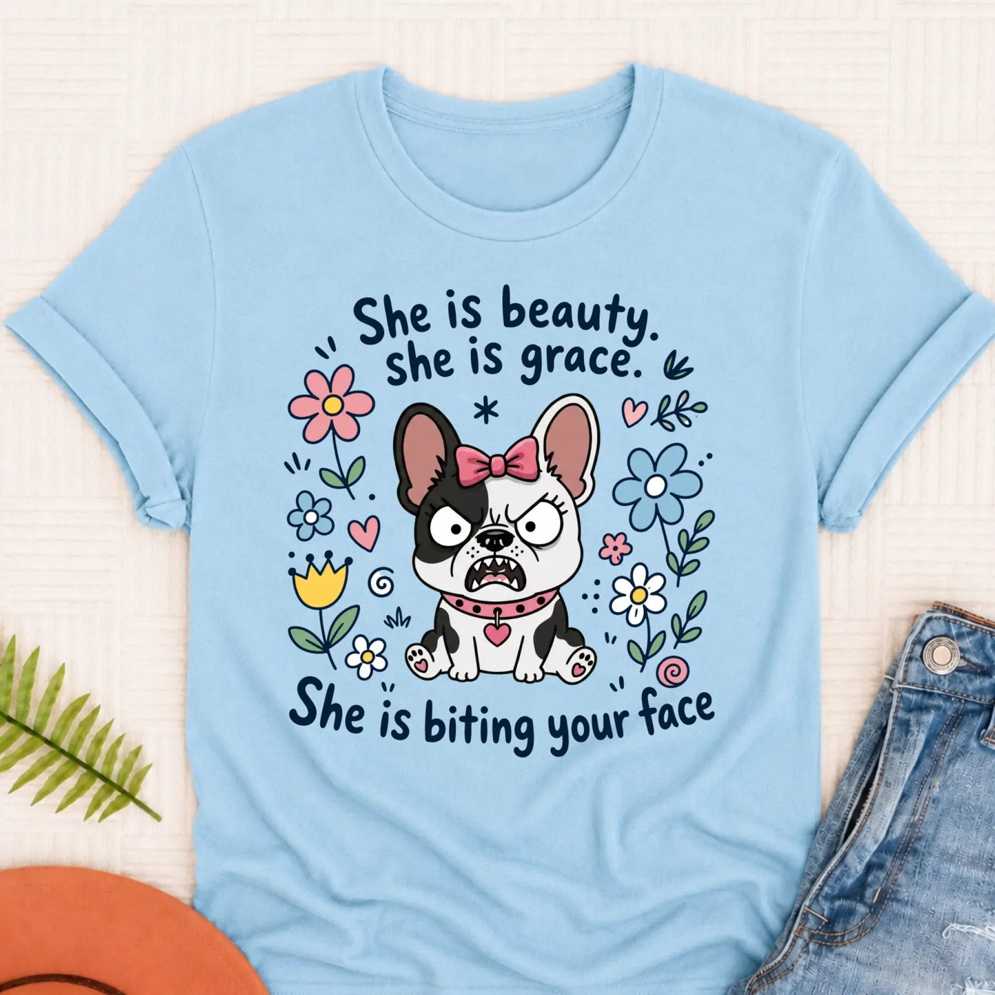Custom Frenchie Funny Biting Your Face Unisex TShirt Chambray