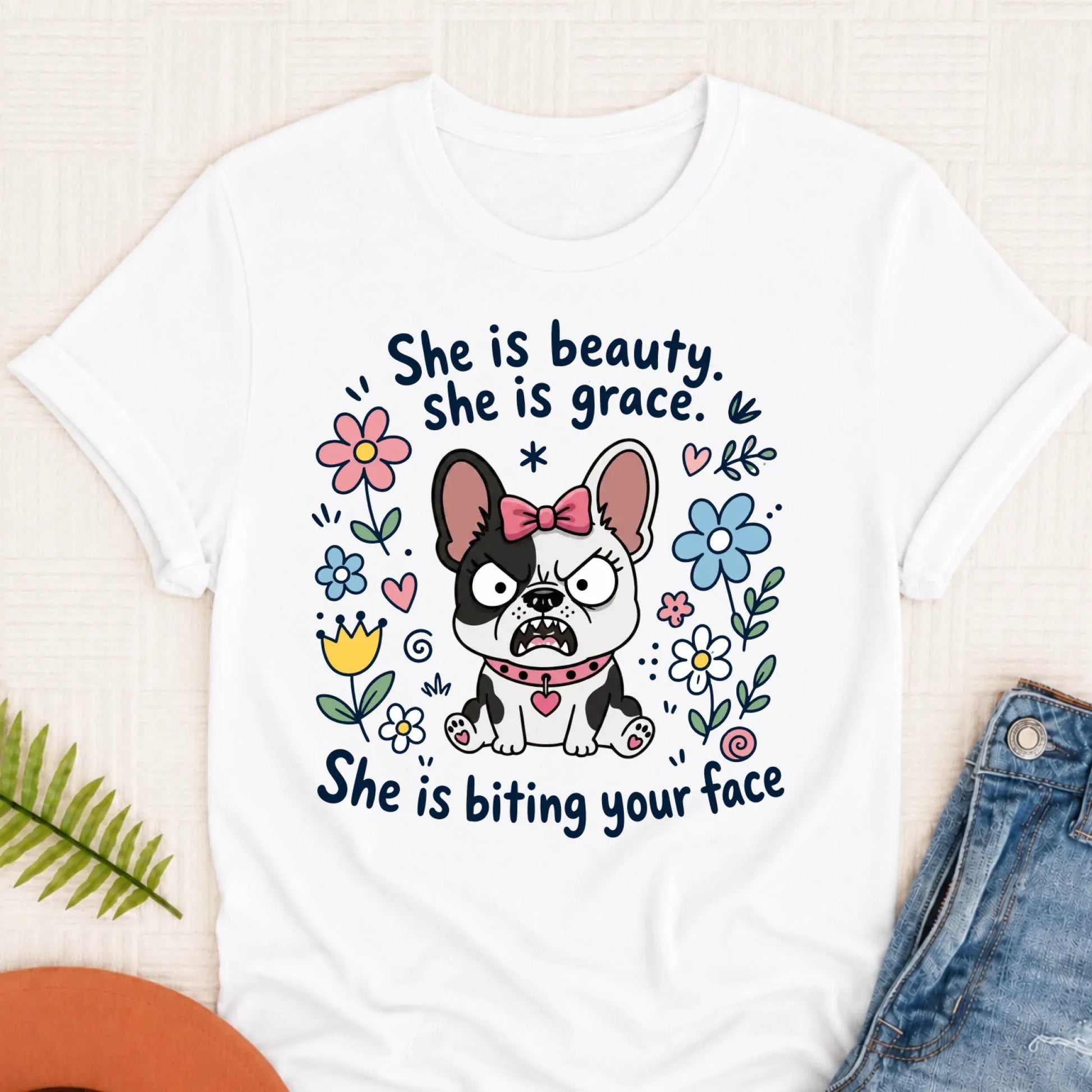 Custom Frenchie Funny Biting Your Face Unisex TShirt White
