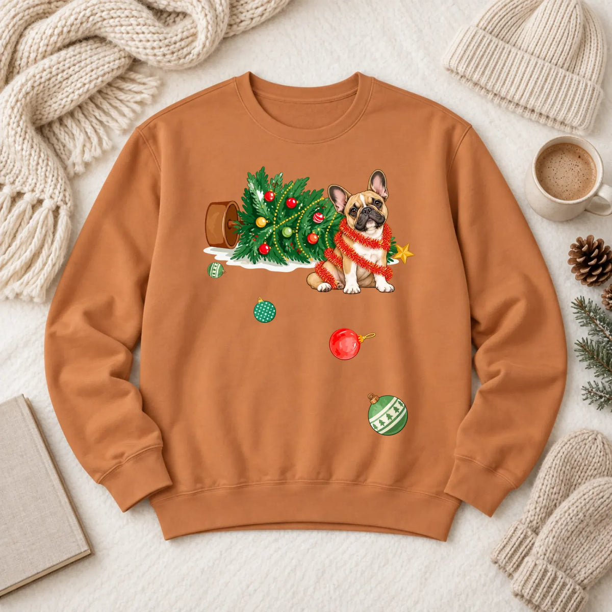 Customizer 1466 LW Sweatshirt Dark / Yam / S Custom Frenchie Funny Christmas Tree Unisex Sweatshirt